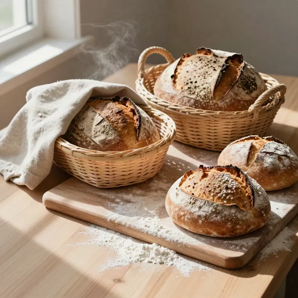 Overhead bread baskets, linen wrap, and floured peel on pale oak with sourdough loaves