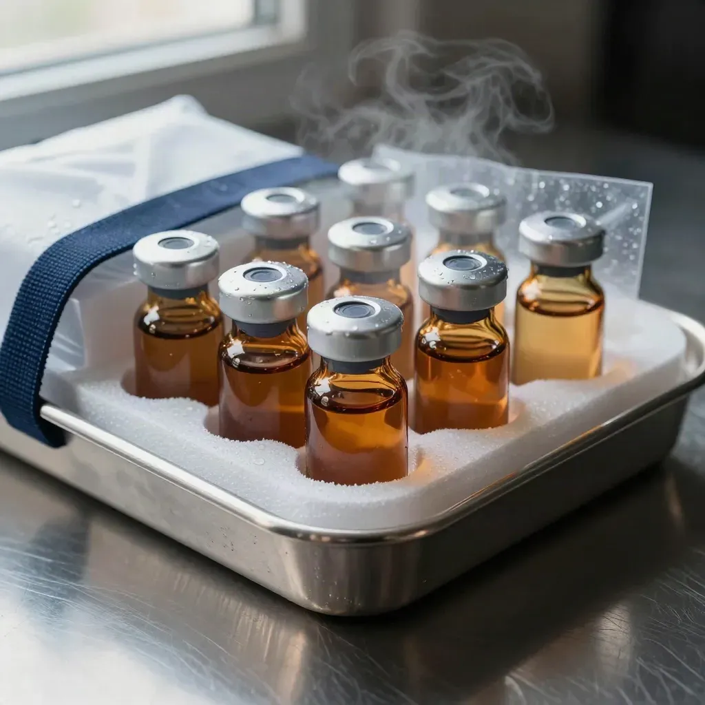 Amber vaccine vials in a foam carrier with chilled gel packs on a stainless tray