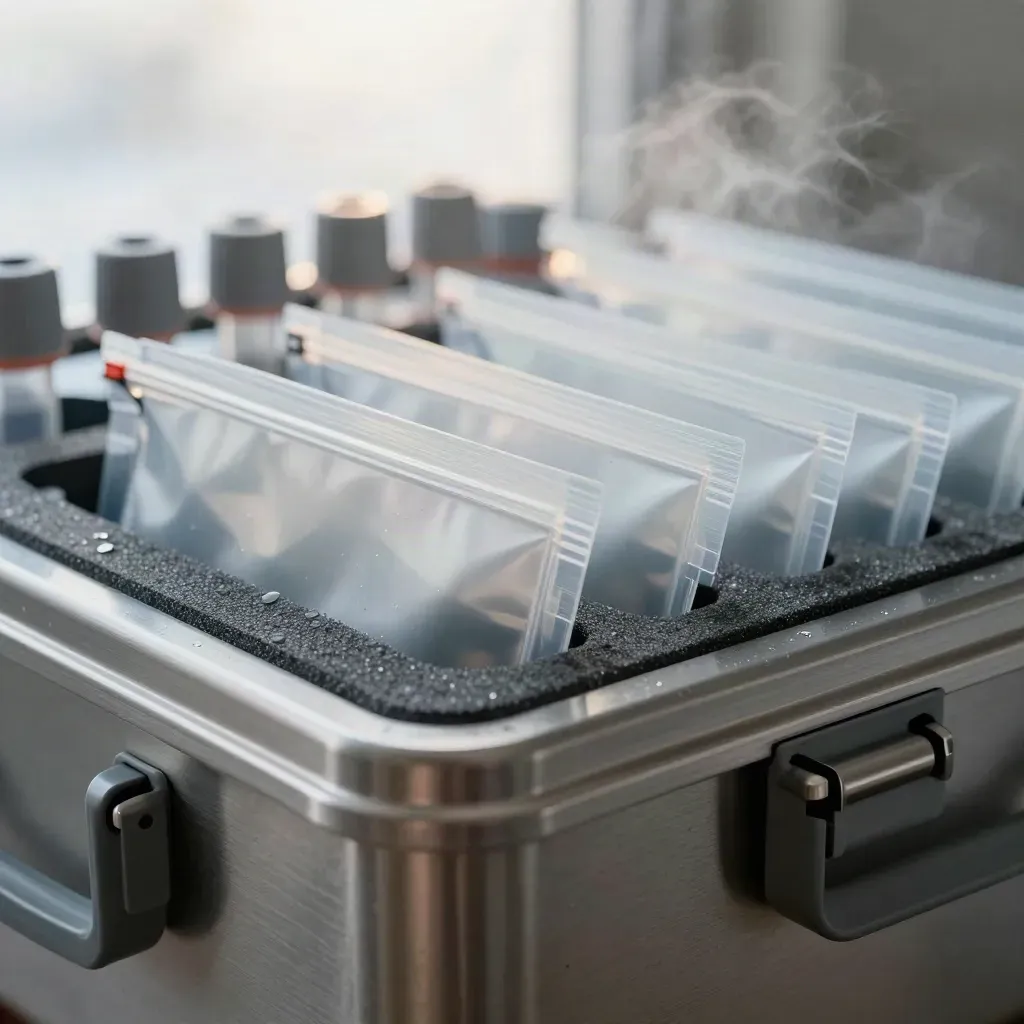 Chilled specimen rack, sample pouches and foam insert in cold transport