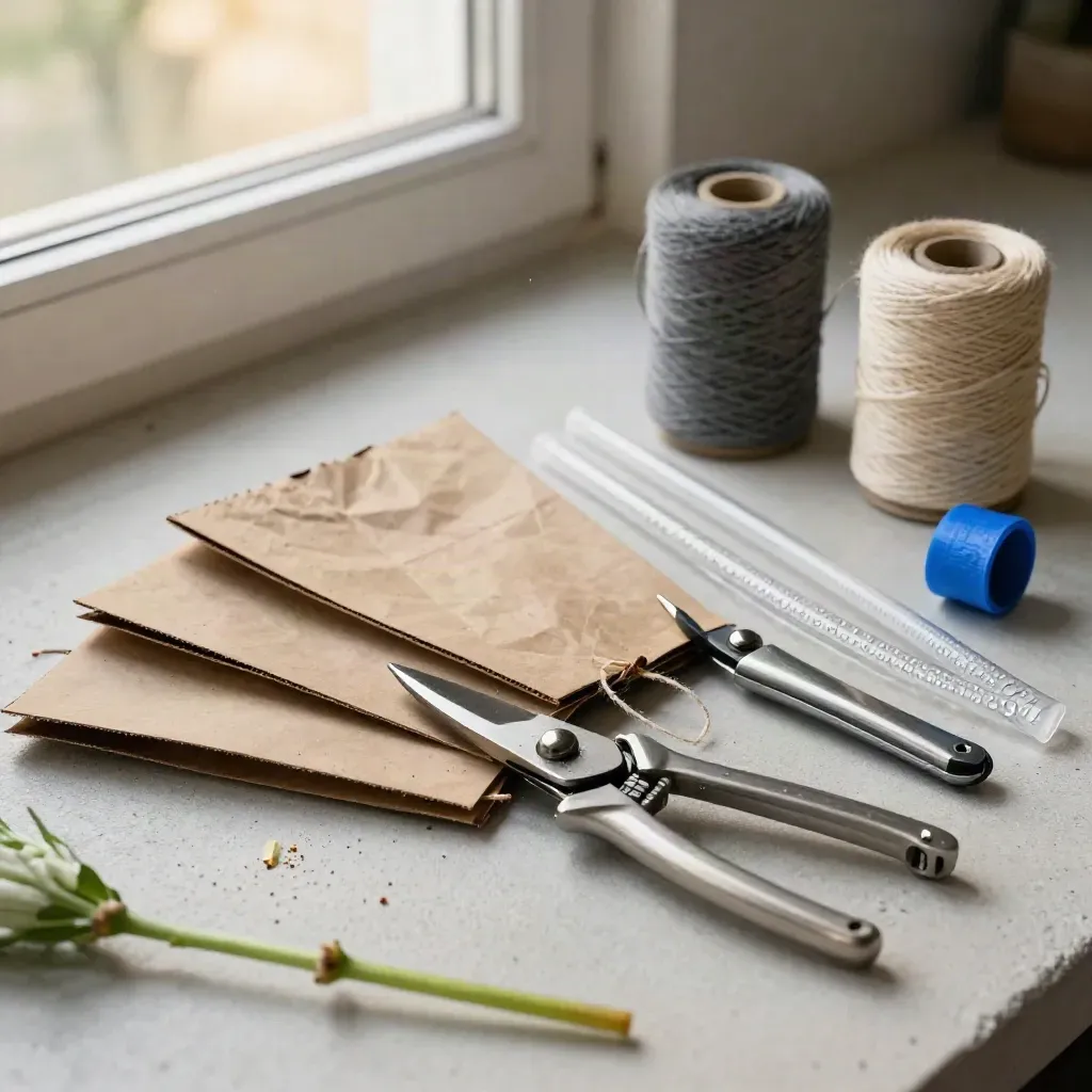 Florist sleeves, secateurs, water tubes and twine arranged on pale concrete for a dispatch drop.