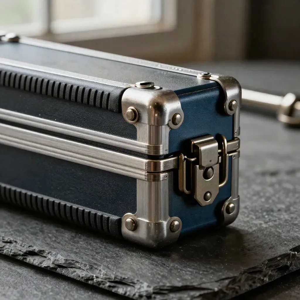 Extreme macro of flight-case corners and latches on dark stone with navy accent