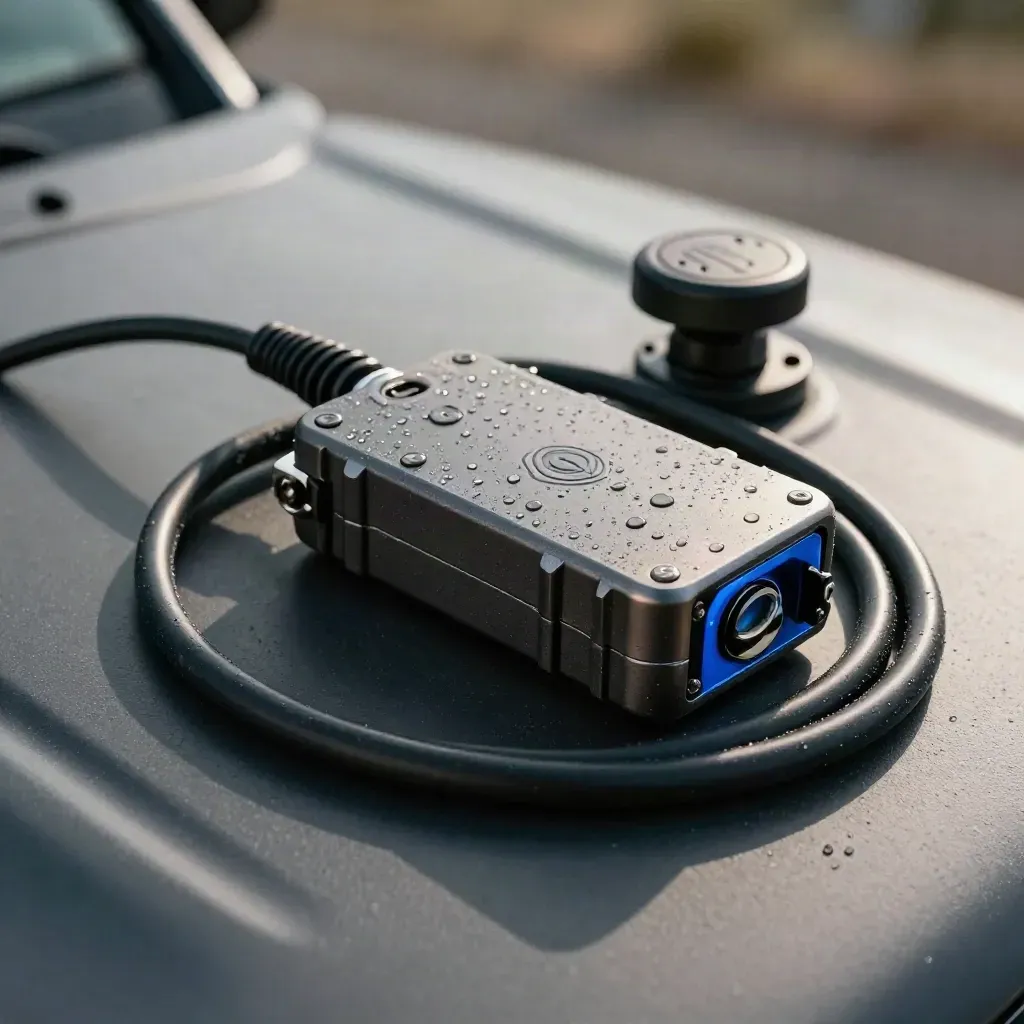 Telematics puck, braided cable and magnetic roof mount on a van roof with cool condensation.