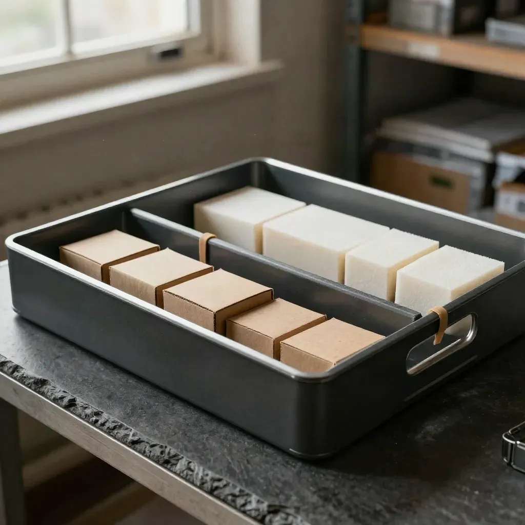 Parcel sorting tray with stepped dividers, blank blocks and rubber bands on dark slate.