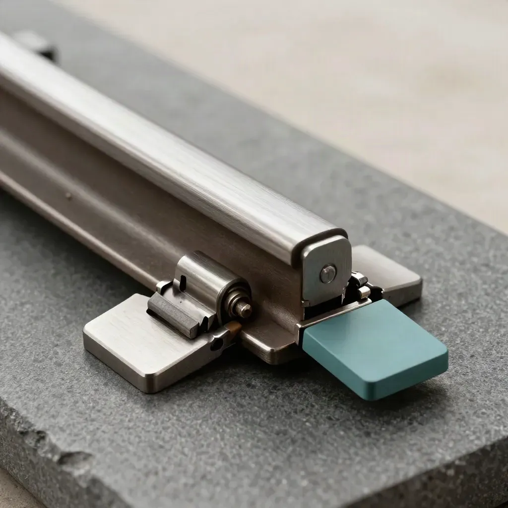 Top-down macro of a magnetic route rail with anodised tabs and steel clip on graphite.