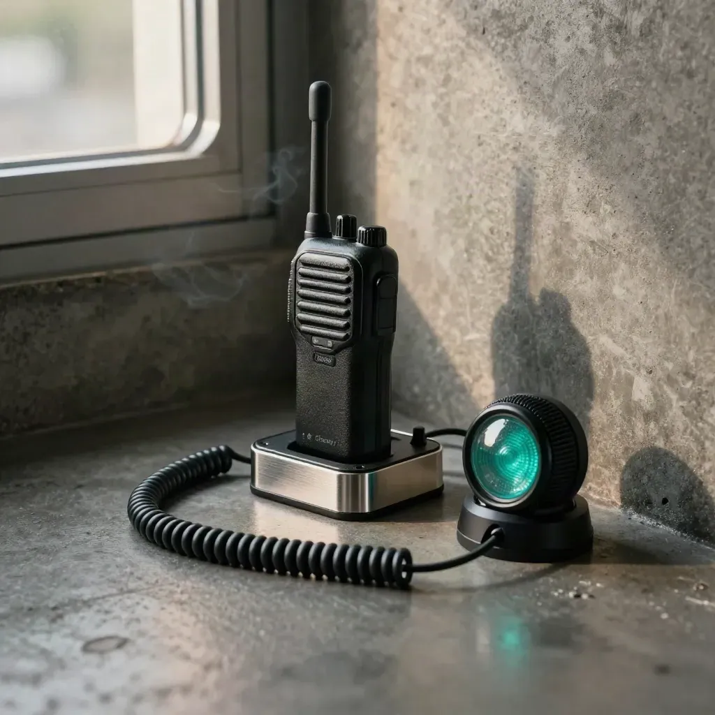 Radio handset docked beside a beacon and coiled cable on brushed steel.