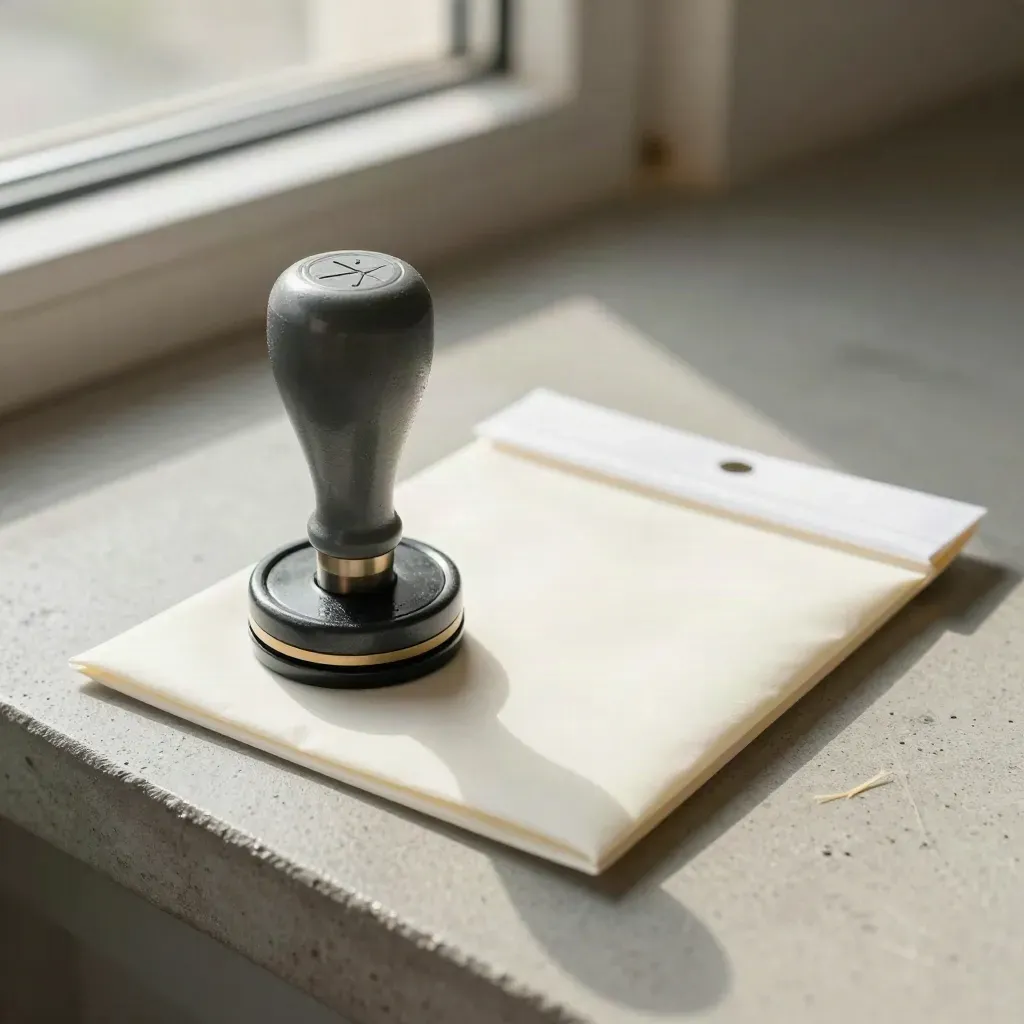 Self-inking stamp beside a proof pouch and clear sleeve on a concrete bench