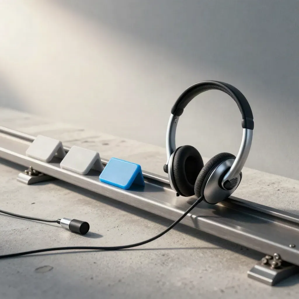 Magnetic dispatch rail with clear route tokens and headset dock on pale concrete, lit dramatically.