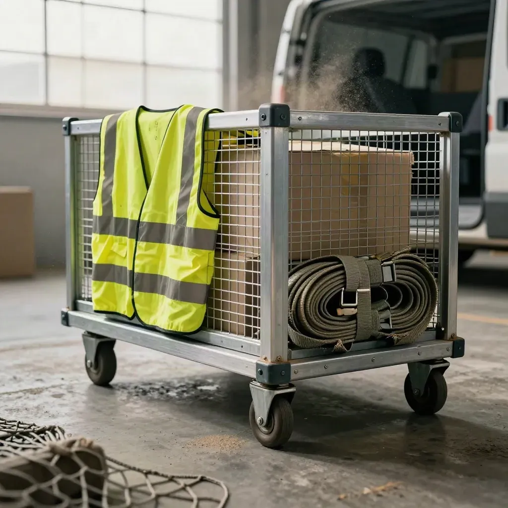 Loaded aluminium cage trolley, hi-vis vest and strap coils at a van threshold, seen through cargo net.