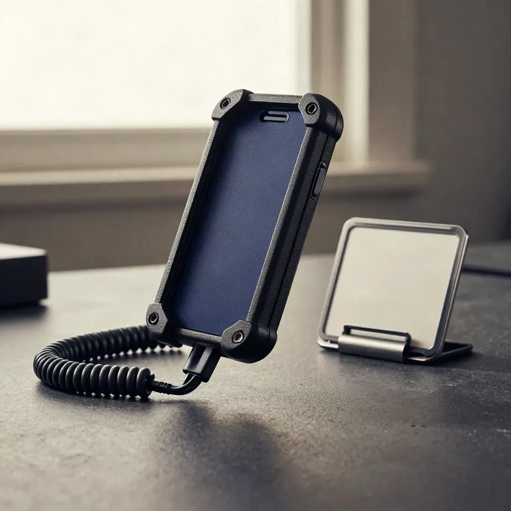 Rugged phone mount cradle beside a coiled charging lead and route card rail on graphite surface