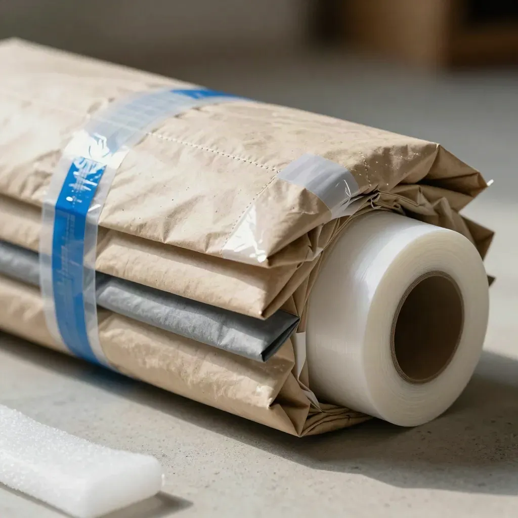 Macro of parcel wrap, tamper seals and a label roll shell on concrete with blue accent