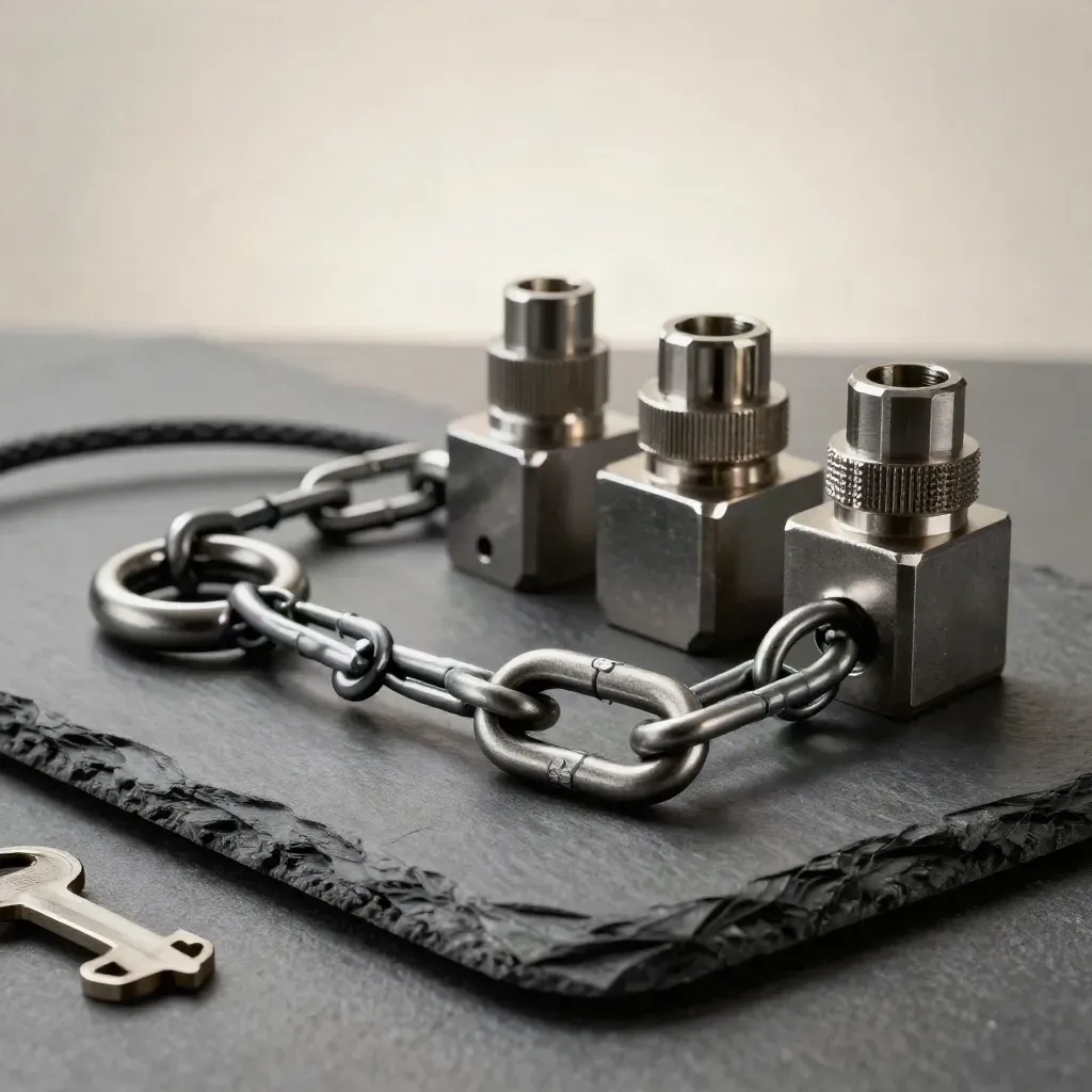 Steel rings, connector blocks and braided cable on graphite with dramatic studio light.