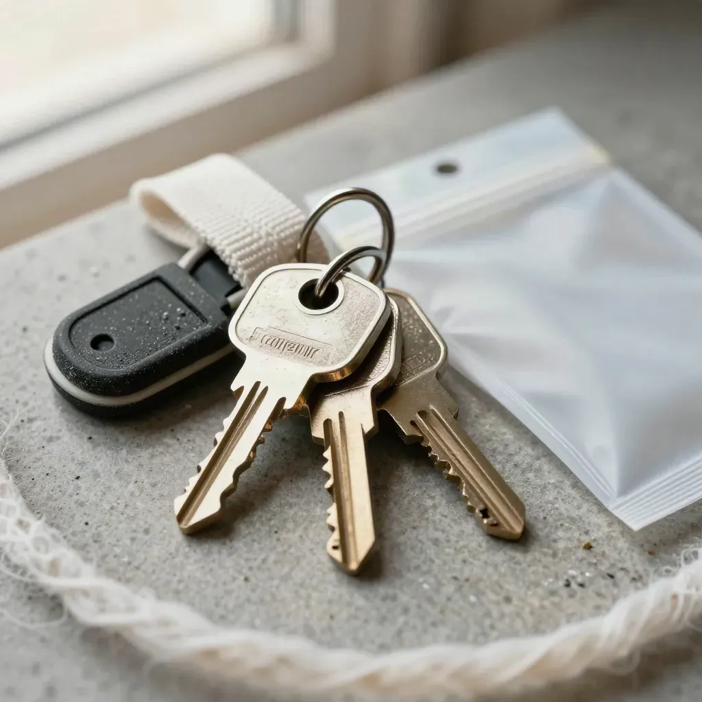 Macro cluster of van keys, wheel chock, cargo buckle and sealed proof pouch on brushed stone.