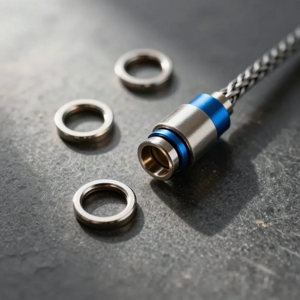 Macro flat lay of coupler rings, braided cable and metal junction cap on dark stone.