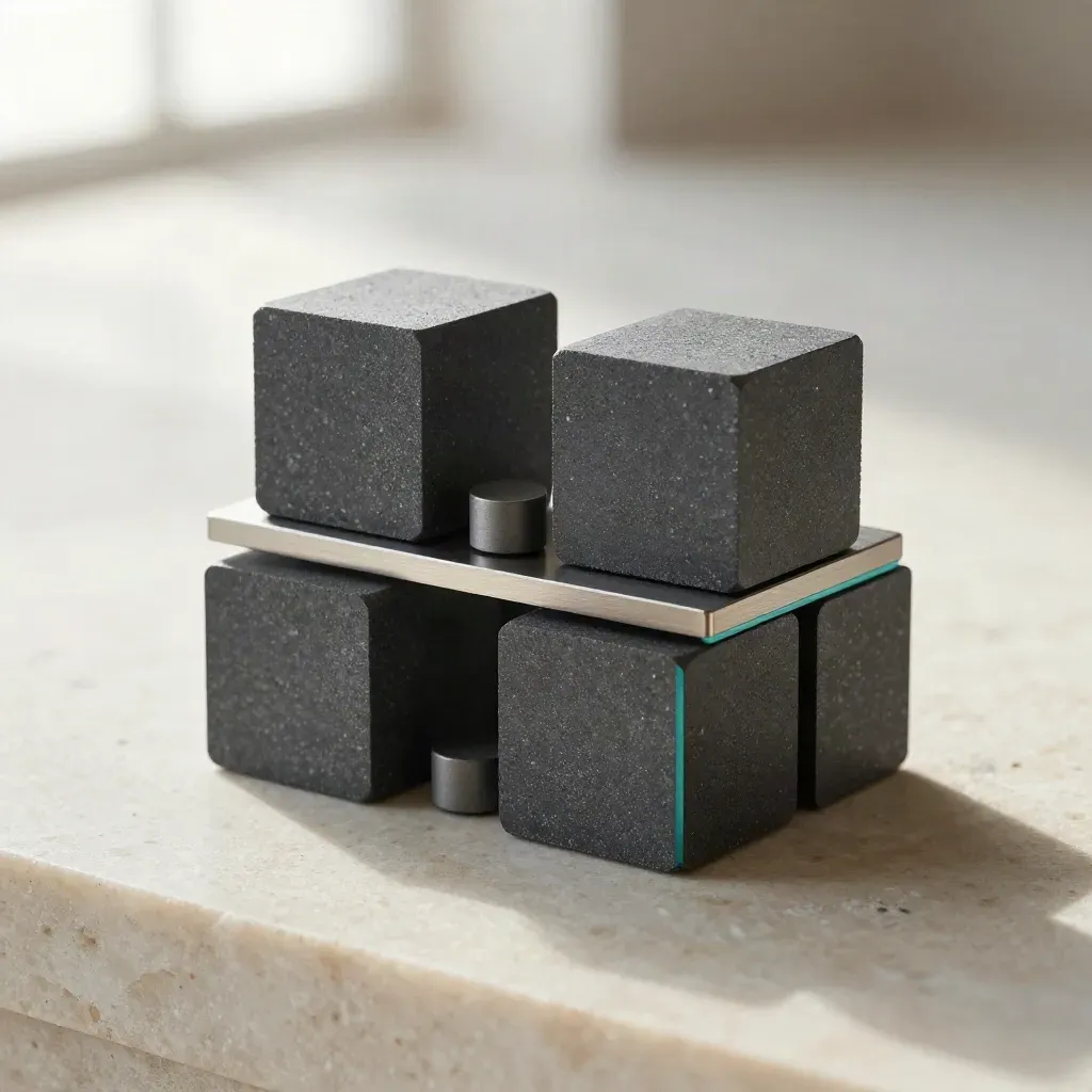Graphite modular cubes bridged by a metal plate on pale limestone with a teal accent