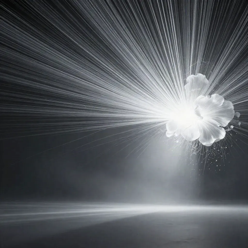Silver filaments converging into an off-centre bloom in dark haze with drifting motes.