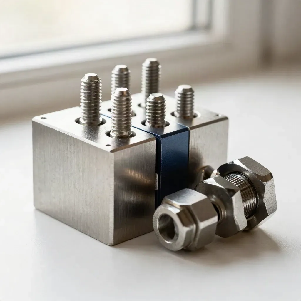 Macro still life of dovetail metal blocks and couplers on brushed aluminium with a tiny navy accent.